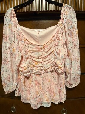 Maurices Light Pink Floral Ruched Peasant Blouse